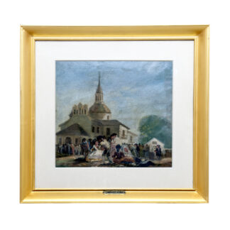 Ernest Santasusagna i Santacreu (1900-1964). Óleo sobre lienzo pegado a tabla. "Romería"