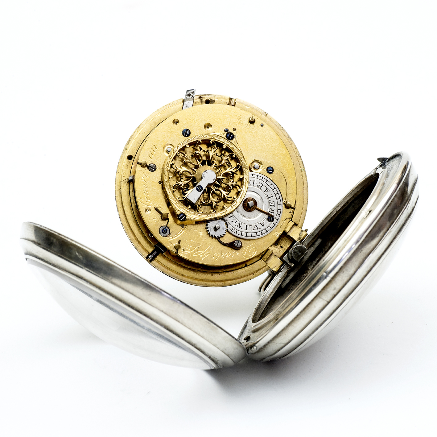 DESARTS & Cíe. (Geneve). Reloj Calendario de bolsillo lepine, Verge Fusee. Plata. Suiza, ca. 1850. DESARTS & Cíe. (Geneve). Reloj Calendario de bolsillo lepine, Verge Fusee. Plata. Suiza, ca. 1850.