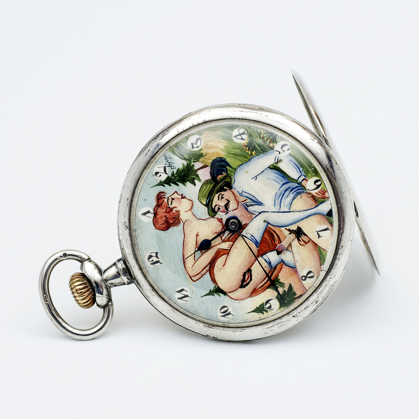 ELEGANCIA. Reloj Erótico de Bolsillo, Lepine, remontoir, Automatón. Plata. Ca. 1900 ELEGANCIA. Reloj Erótico de Bolsillo, Lepine, remontoir, Automatón. Plata. Ca. 1900