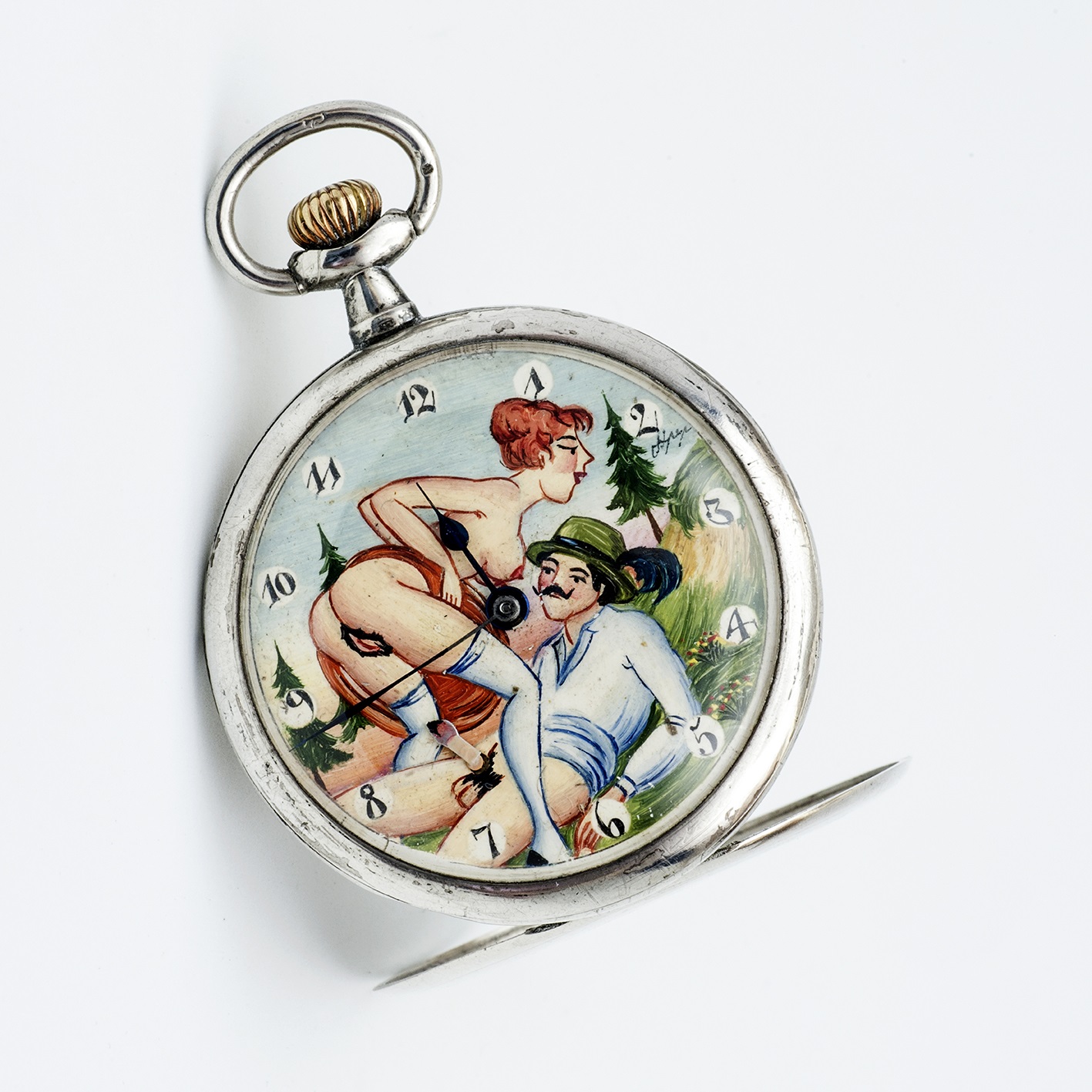 ELEGANCIA. Reloj Erótico de Bolsillo, Lepine, remontoir, Automatón. Plata. Ca. 1900 ELEGANCIA. Reloj Erótico de Bolsillo, Lepine, remontoir, Automatón. Plata. Ca. 1900