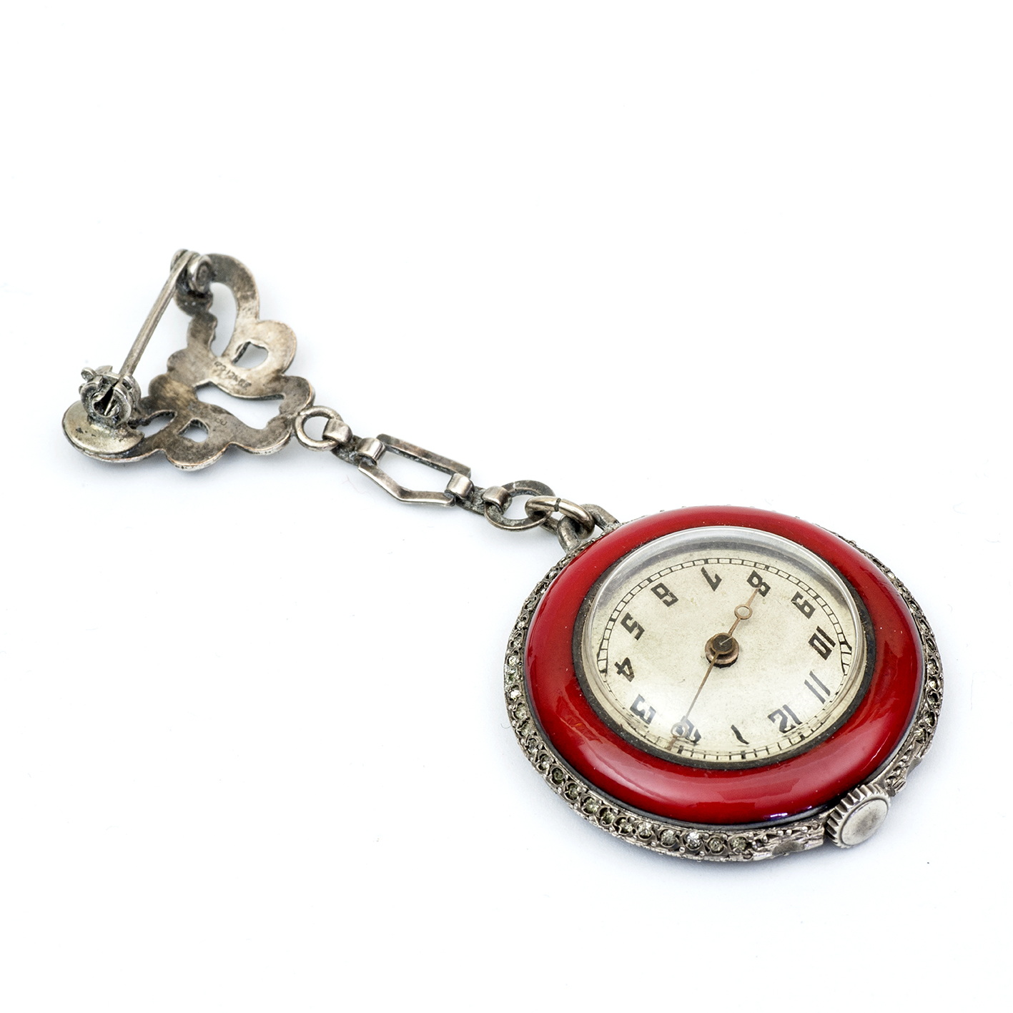JUVENIA MFG Swiss. Reloj de colgar, con broche, lepine y remontoir. Plata de Ley. Suiza, ca. 1945 JUVENIA MFG Swiss. Reloj de colgar, con broche, lepine y remontoir. Plata de Ley. Suiza, ca. 1945