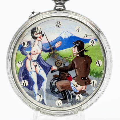 ASTRA (Gebrüder Junghans AG). Reloj erótico de bolsillo. AUTOMATÓN. Lepine y Remontoir. Plata. Alemania, ca. 1926