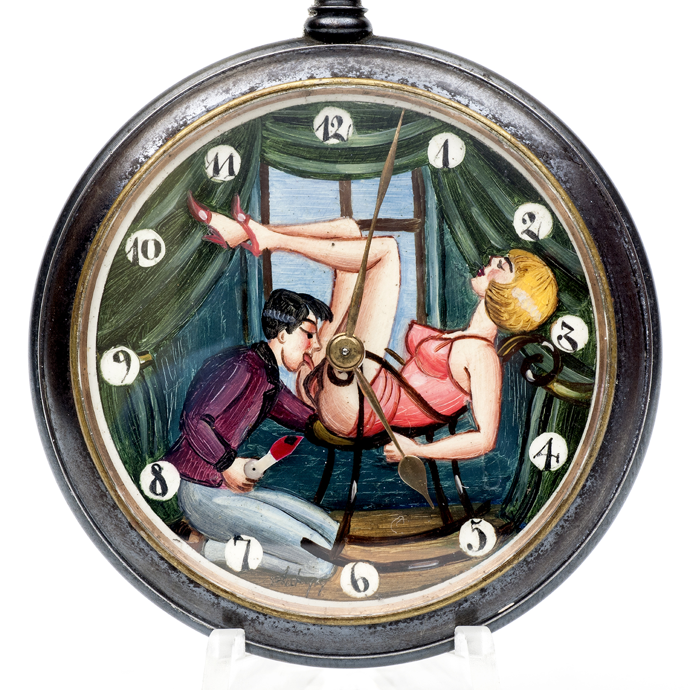 Reloj Erótico de Bolsillo, lepine y remontoir. Automatón. Acero pavonado. Suiza, ca. 1920. Reloj Erótico de Bolsillo, lepine y remontoir. Automatón. Acero pavonado. Suiza, ca. 1920.