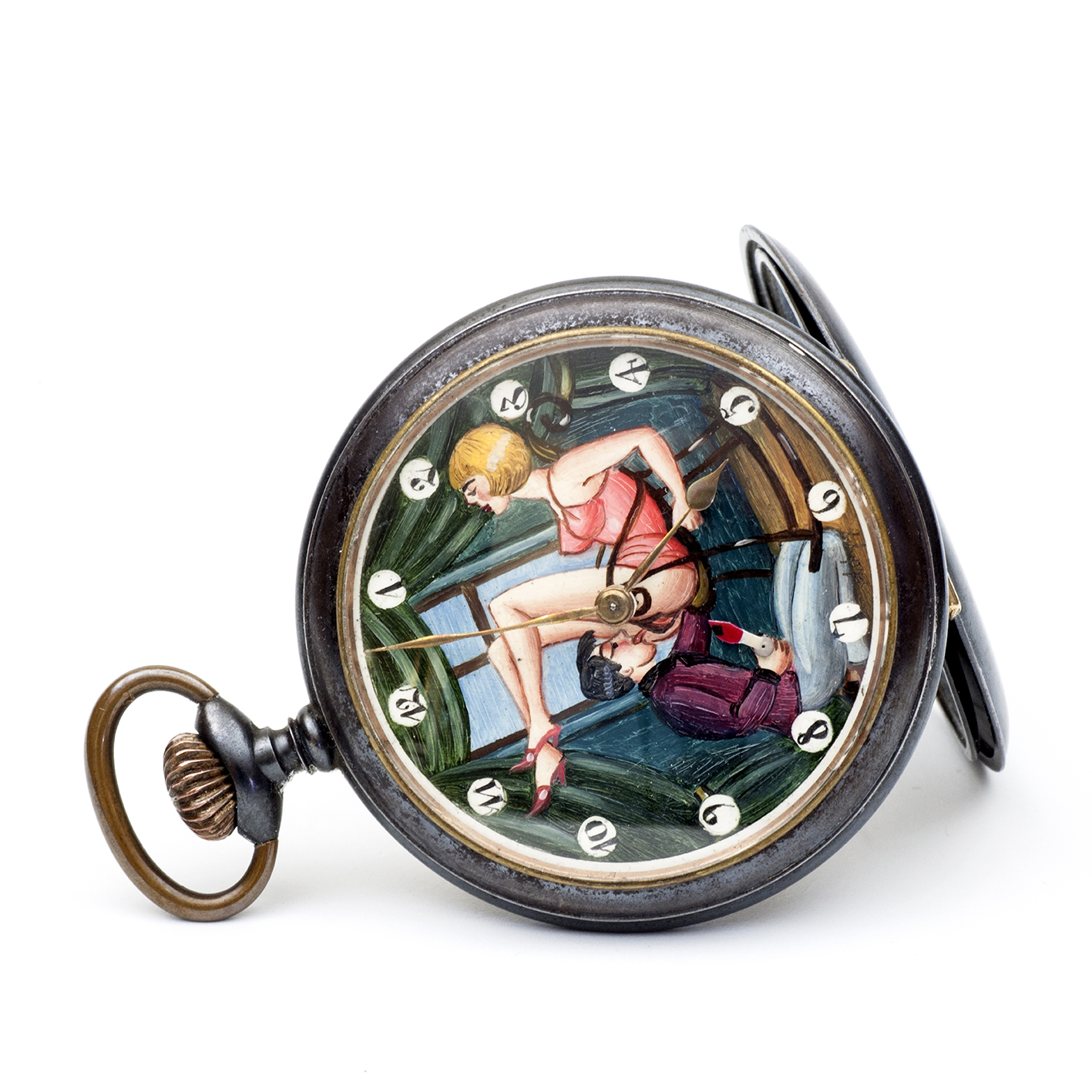 Reloj Erótico de Bolsillo, lepine y remontoir. Automatón. Acero pavonado. Suiza, ca. 1920. Reloj Erótico de Bolsillo, lepine y remontoir. Automatón. Acero pavonado. Suiza, ca. 1920.