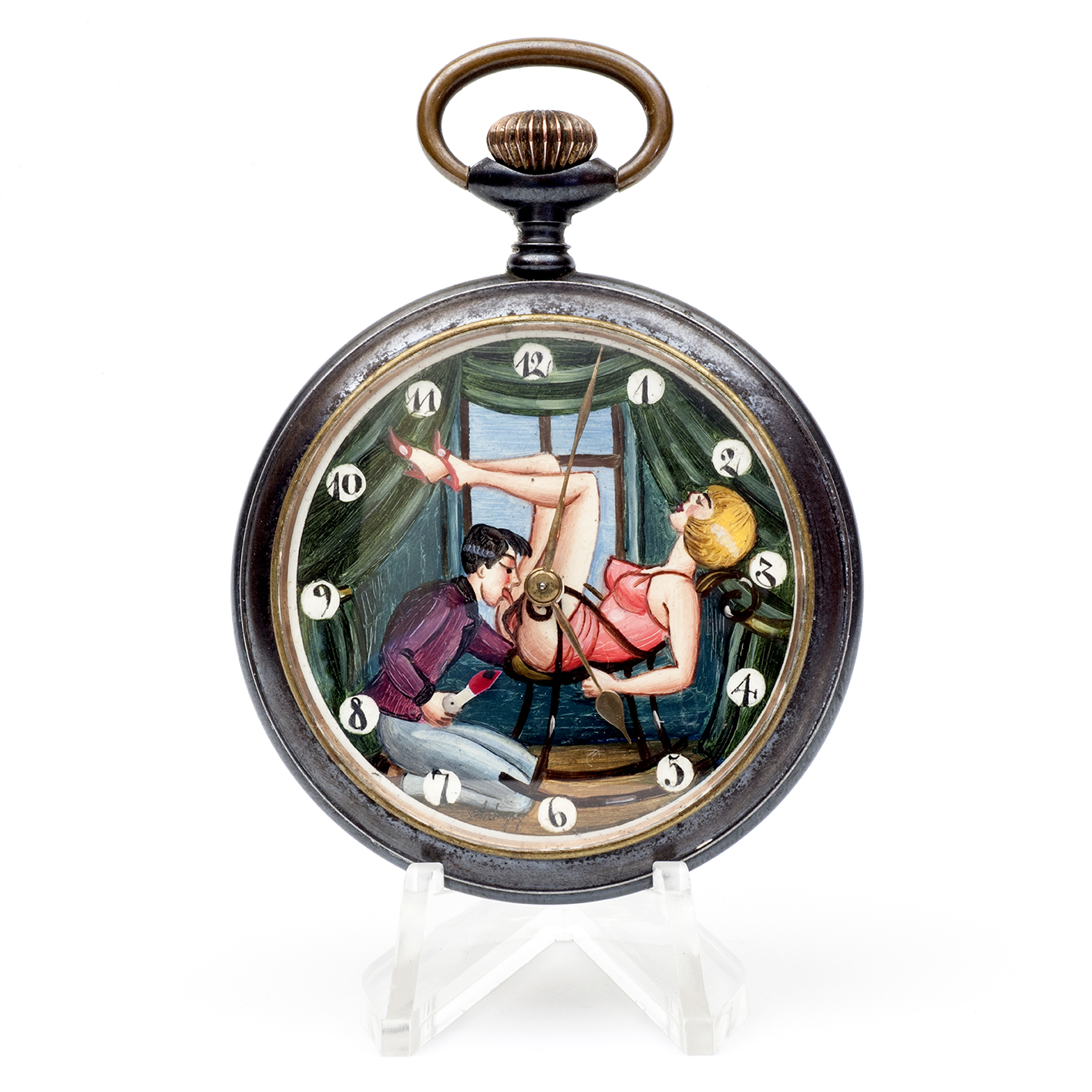 Reloj Erótico de Bolsillo, lepine y remontoir. Automatón. Acero pavonado. Suiza, ca. 1920. Reloj Erótico de Bolsillo, lepine y remontoir. Automatón. Acero pavonado. Suiza, ca. 1920.