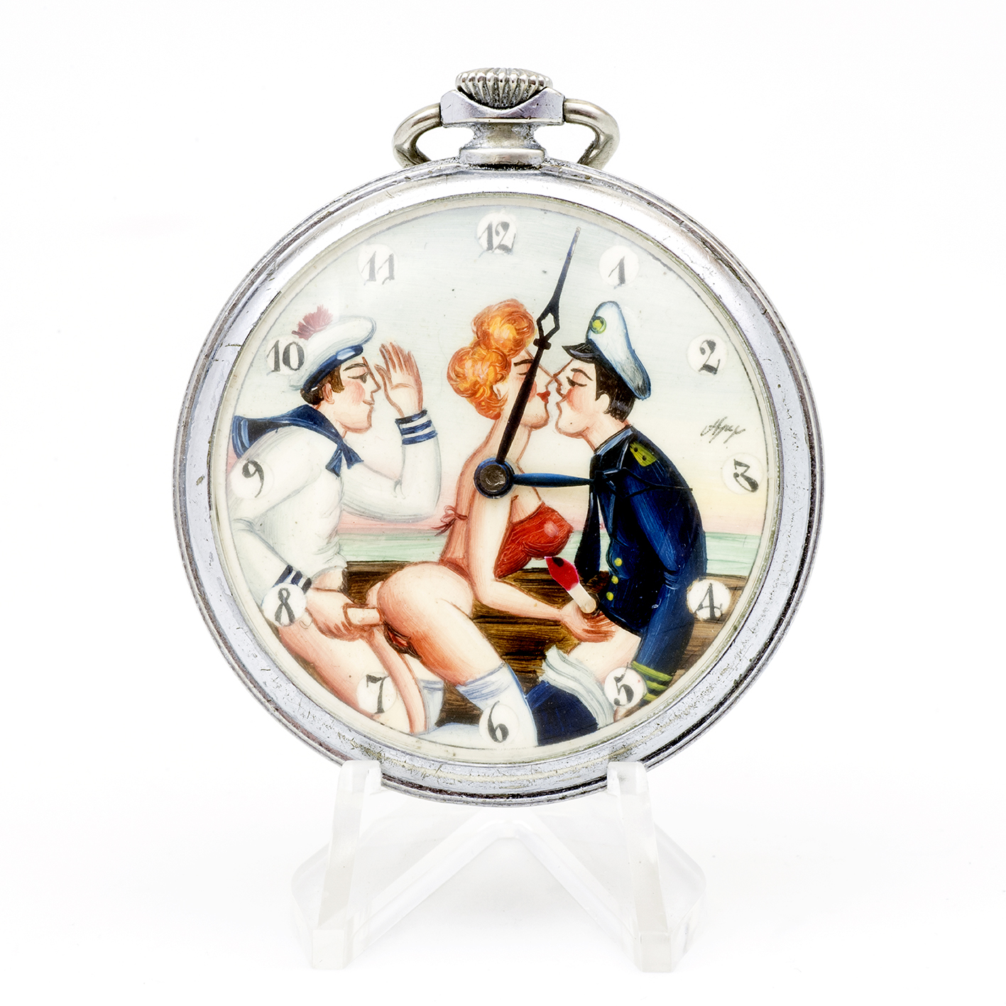 Reloj Suizo Erótico de Bolsillo. AUTOMATÓN. Lepine y Remontoir. Suiza, ca. 1940. Reloj Suizo Erótico de Bolsillo. AUTOMATÓN. Lepine y Remontoir. Suiza, ca. 1940.