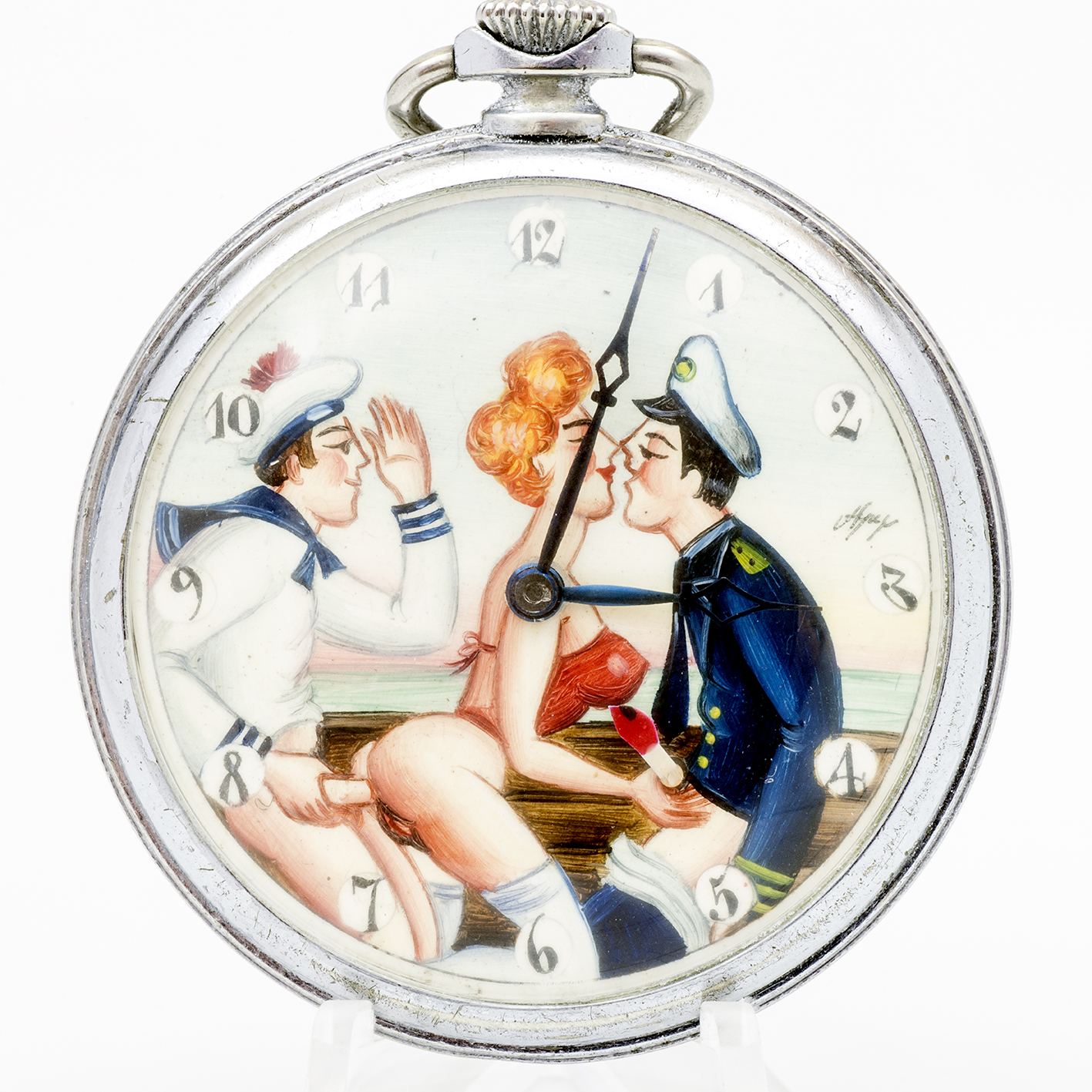 Reloj Suizo Erótico de Bolsillo. AUTOMATÓN. Lepine y Remontoir. Suiza, ca. 1940. Reloj Suizo Erótico de Bolsillo. AUTOMATÓN. Lepine y Remontoir. Suiza, ca. 1940.