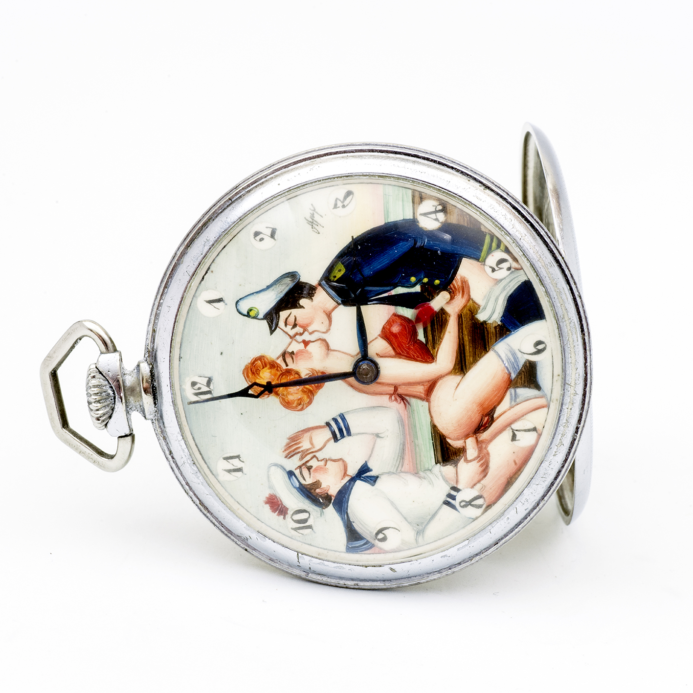 Reloj Suizo Erótico de Bolsillo. AUTOMATÓN. Lepine y Remontoir. Suiza, ca. 1940. Reloj Suizo Erótico de Bolsillo. AUTOMATÓN. Lepine y Remontoir. Suiza, ca. 1940.
