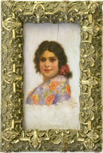 Escuela Andaluza siglo XX. Florez. Óleo sobre tabla. "Dama con mantón"