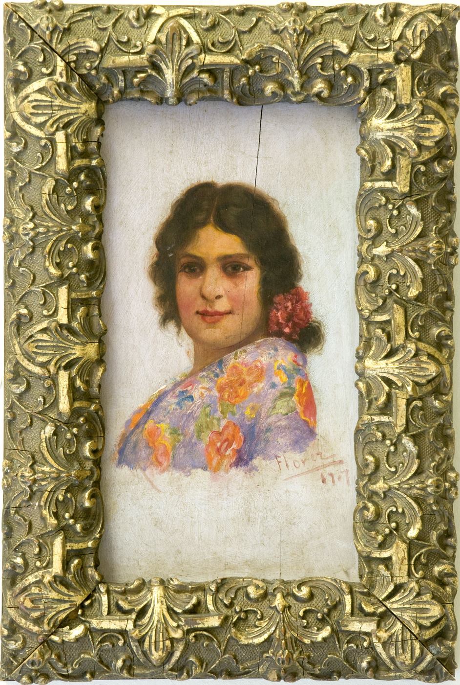 Escuela Andaluza siglo XX. Florez. Óleo sobre tabla. "Dama con mantón" Escuela Andaluza siglo XX. Florez. Óleo sobre tabla. "Dama con mantón"