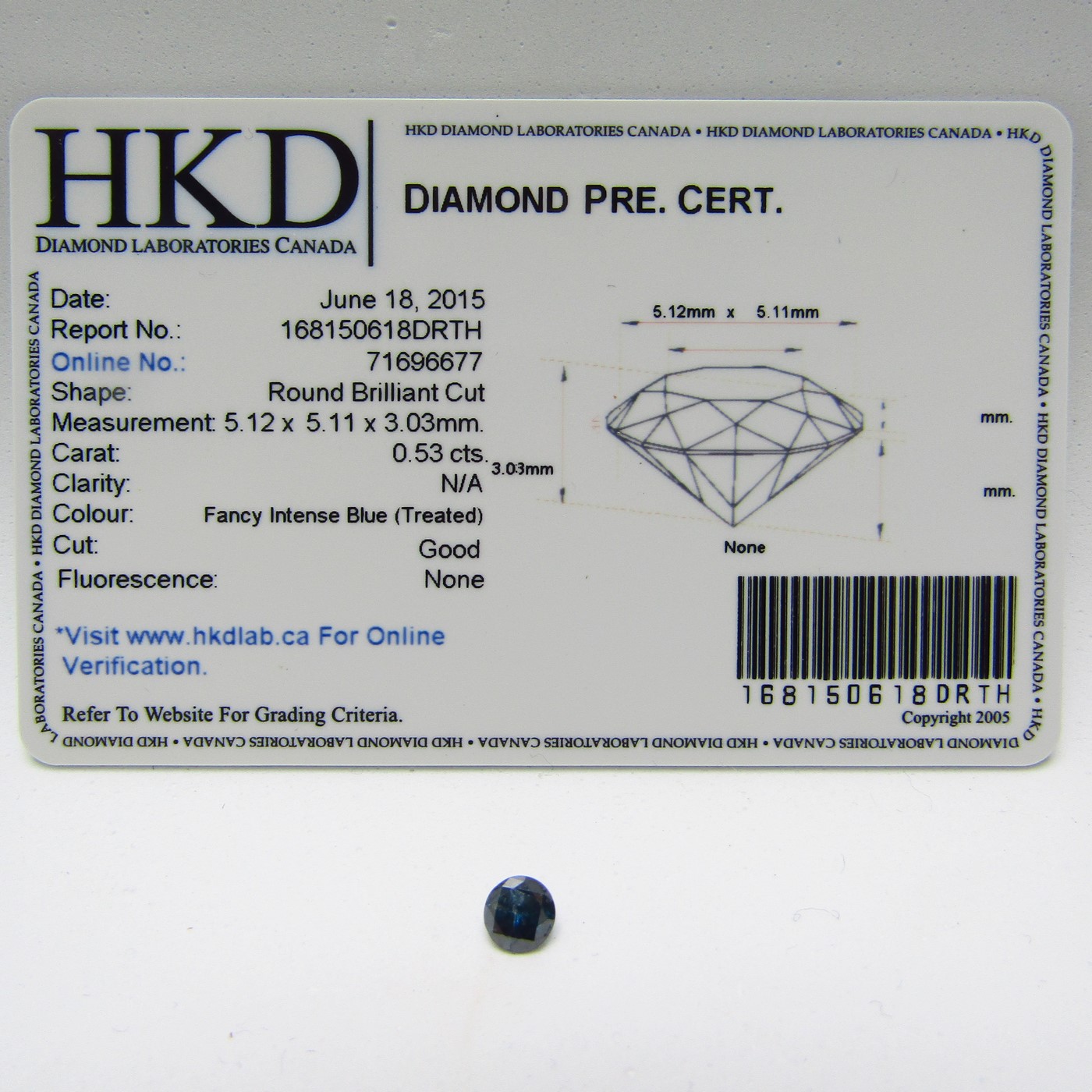 Diamante Natural de 0,53 ct. Talla: Brillante. Color: Fancy Intense Blue. Pureza: N/A. Diamante Natural de 0,53 ct. Talla: Brillante. Color: Fancy Intense Blue. Pureza: N/A.