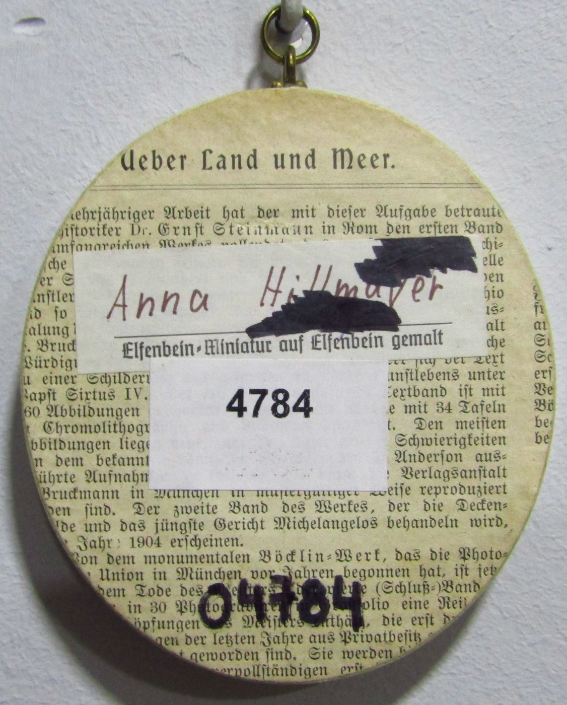 MINIATURA SOBRE DISCO OVAL. SIGLO XIX. "Anna Hillmayer" MINIATURA SOBRE DISCO OVAL. SIGLO XIX. "Anna Hillmayer"