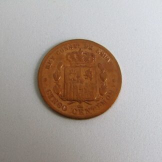 Moneda de 2 céntimos de Cobre. Año 1877. Alfonso XII. Barcelona. OM. BC.