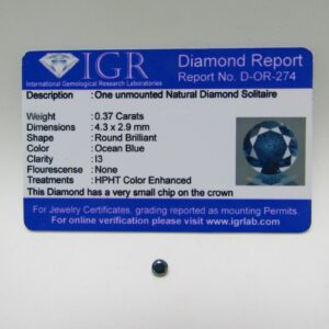 Diamante Natural de 0,37 ct. Talla: Brillante. Color: Ocean Blue. Pureza: I3. Certificado IGR.
