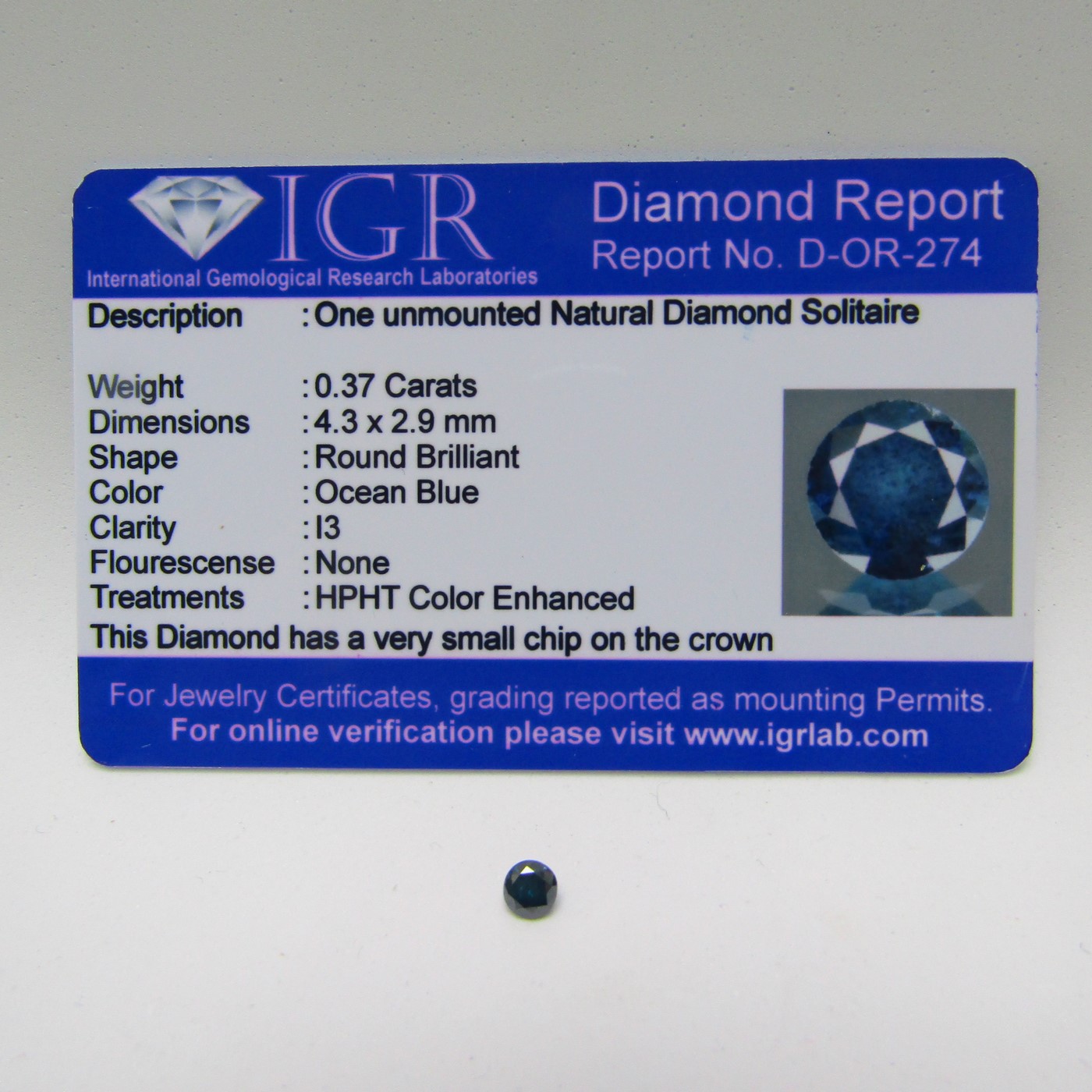 Diamante Natural de 0,37 ct. Talla: Brillante. Color: Ocean Blue. Pureza: I3. Certificado IGR. Diamante Natural de 0,37 ct. Talla: Brillante. Color: Ocean Blue. Pureza: I3. Certificado IGR.