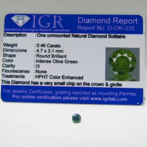 Diamante Natural de 0,46 ct. Talla: Brillante. Color: Intense Olive Green. Pureza: I3. Certificado IGR.