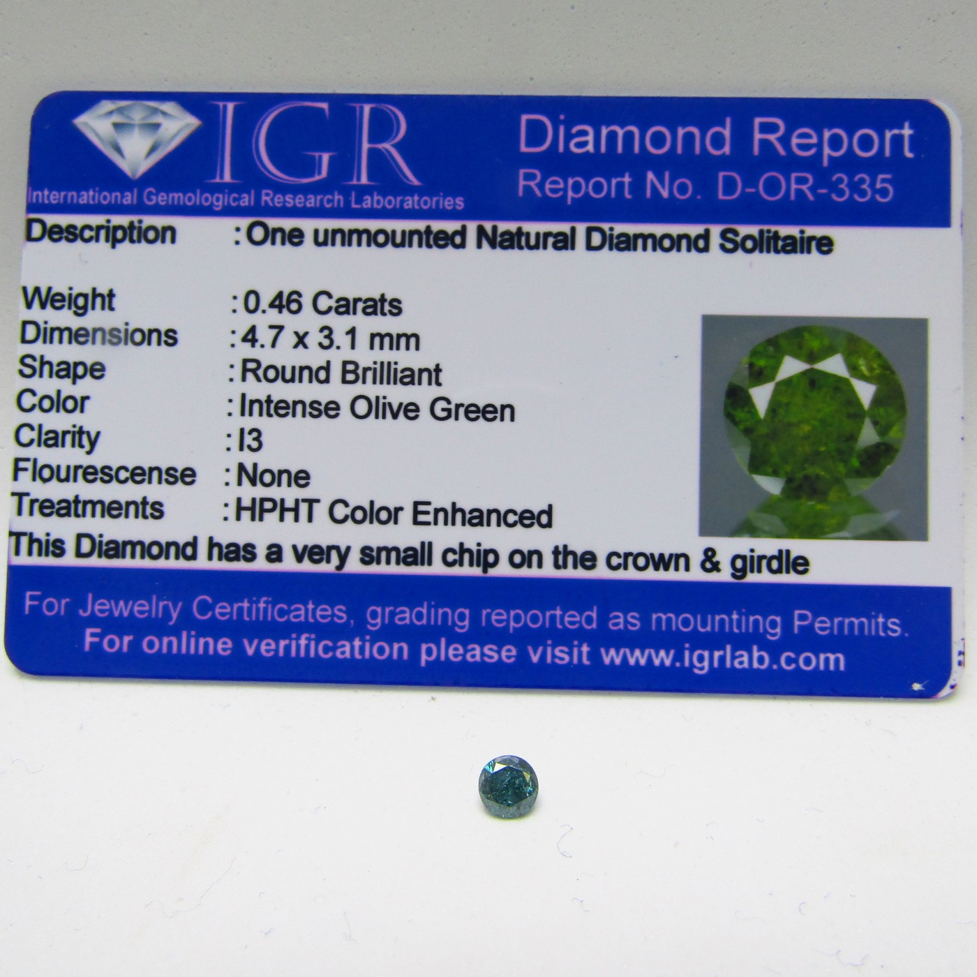 Diamante Natural de 0,46 ct. Talla: Brillante. Color: Intense Olive Green. Pureza: I3. Certificado IGR. Diamante Natural de 0,46 ct. Talla: Brillante. Color: Intense Olive Green. Pureza: I3. Certificado IGR.