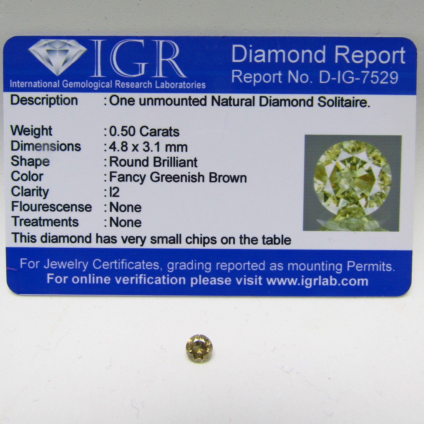 Diamante Natural de 0,50 ct. Talla: Brillante. Color: Fancy Greenish Brown. Pureza: I2. No tratado. Certificado IGR. Diamante Natural de 0,50 ct. Talla: Brillante. Color: Fancy Greenish Brown. Pureza: I2. No tratado. Certificado IGR.