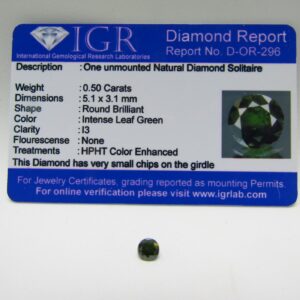 Diamante Natural de 0,50 ct. Talla: Brillante. Color: Intense Leaf Green. Pureza: I3. Certificado IGR.