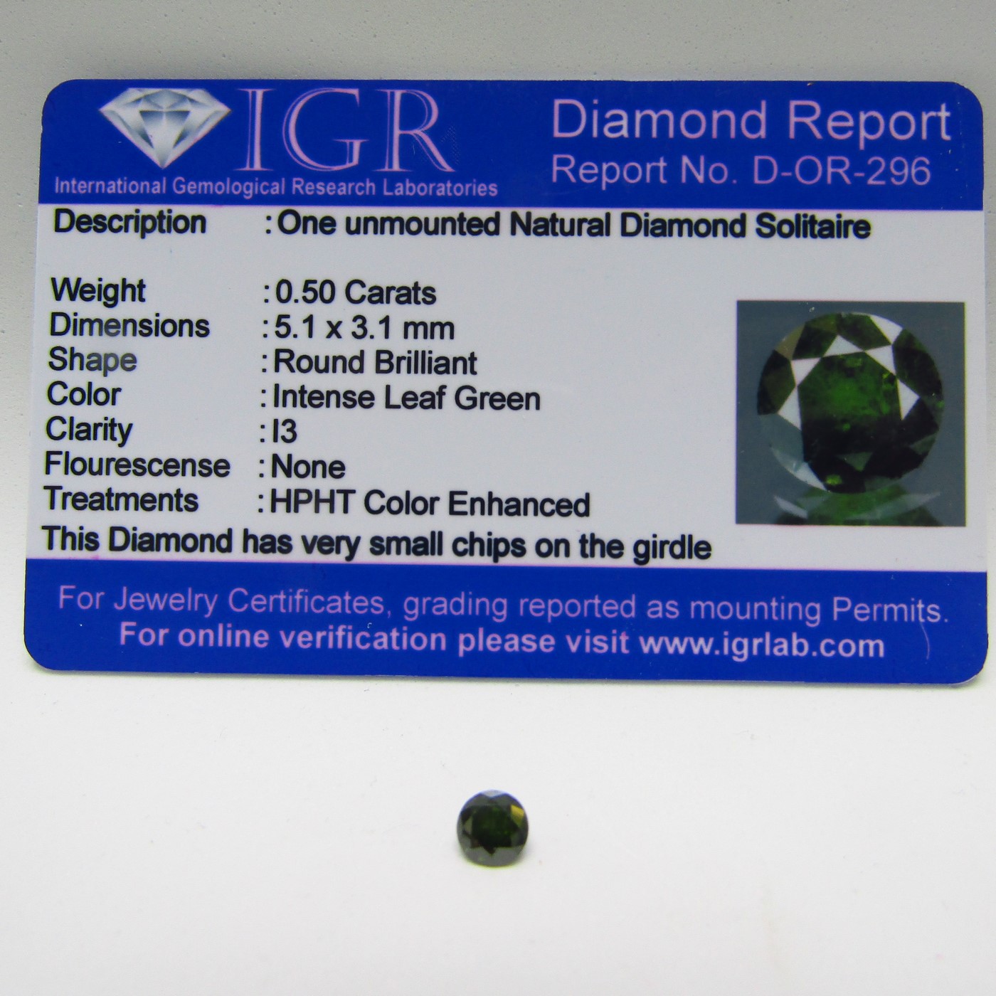 Diamante Natural de 0,50 ct. Talla: Brillante. Color: Intense Leaf Green. Pureza: I3. Certificado IGR. Diamante Natural de 0,50 ct. Talla: Brillante. Color: Intense Leaf Green. Pureza: I3. Certificado IGR.