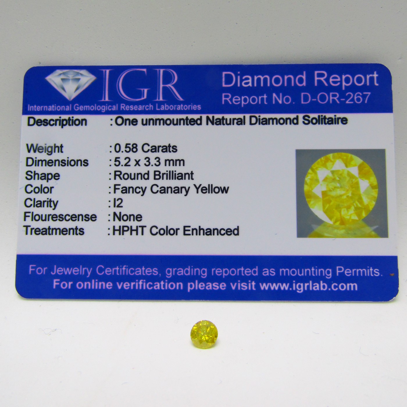 Diamante Natural de 0,58 ct. Talla: Brillante. Color: Fancy Canary Yellow. Pureza: I2. Certificado IGR. Diamante Natural de 0,58 ct. Talla: Brillante. Color: Fancy Canary Yellow. Pureza: I2. Certificado IGR.