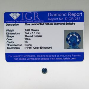 Diamante Natural de 0,62 ct. Talla: Brillante. Color: Blue. Pureza: I3. Certificado IGR.