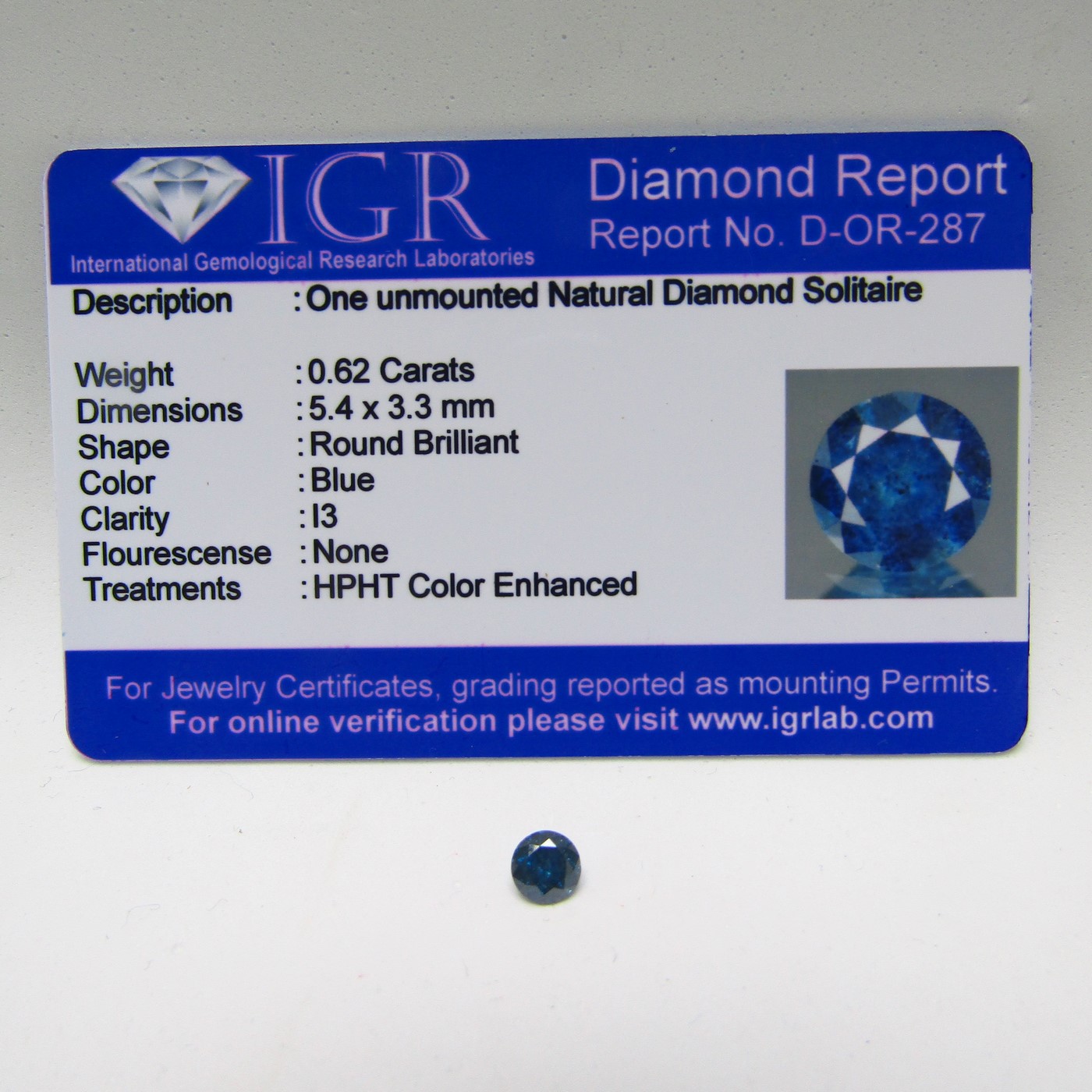 Diamante Natural de 0,62 ct. Talla: Brillante. Color: Blue. Pureza: I3. Certificado IGR. Diamante Natural de 0,62 ct. Talla: Brillante. Color: Blue. Pureza: I3. Certificado IGR.