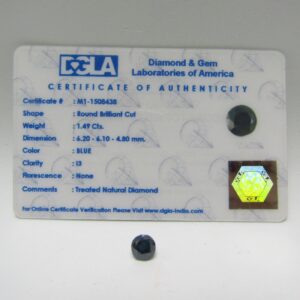Diamante Natural de 1,49 ct. Talla: Brillante. Color: Blue. Pureza: I3. Certificado DGLA.