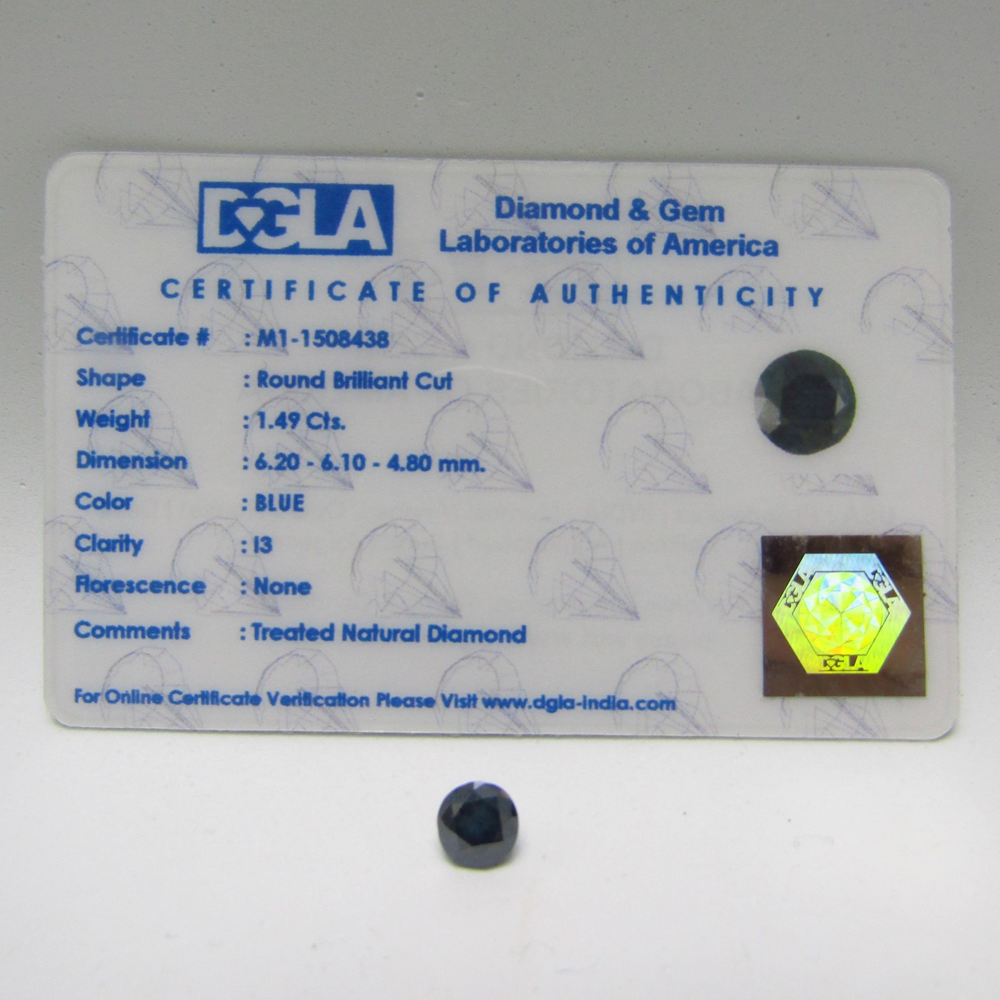 Diamante Natural de 1,49 ct. Talla: Brillante. Color: Blue. Pureza: I3. Certificado DGLA. Diamante Natural de 1,49 ct. Talla: Brillante. Color: Blue. Pureza: I3. Certificado DGLA.