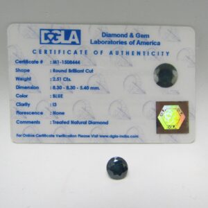 Diamante Natural de 2,51 ct. Talla: Brillante. Color: Blue. Pureza: I3. Certificado DGLA