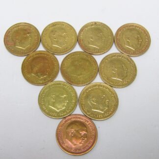 Lote de 10 Monedas de 1 Peseta de Cobre. Año 1953. Francisco Franco Caudillo de España por la G. de Dios. Madrid. Varias CECAS. MBC