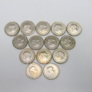 Lote de 14 Monedas de 25 Pesetas de Níquel. Año 1957. Francisco Franco Caudillo de España por la G. de Dios. Madrid. Varias CECAS. MBC