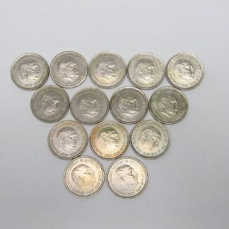Lote de 14 Monedas de 25 Pesetas de Níquel. Año 1957. Francisco Franco Caudillo de España por la G. de Dios. Madrid. Varias CECAS. MBC