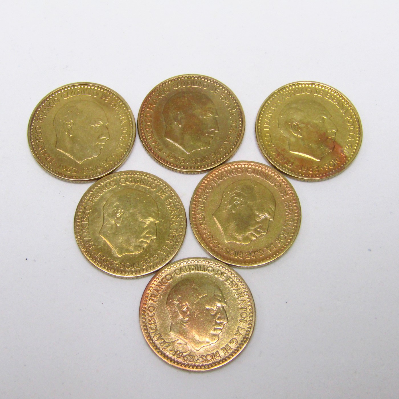 Lote de 6 Monedas de 1 Peseta de Cobre. Año 1963. Francisco Franco Caudillo de España por la G. de Dios. Madrid. Varias CECAS. MBC Lote de 6 Monedas de 1 Peseta de Cobre. Año 1963. Francisco Franco Caudillo de España por la G. de Dios. Madrid. Varias CECAS. MBC