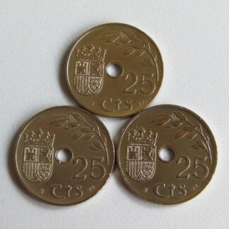 Lote de tres monedas de 25 Céntimos de Níquel. Año 1937. España Una Grande Libre. II AÑO TRIUNFAL. EBC.