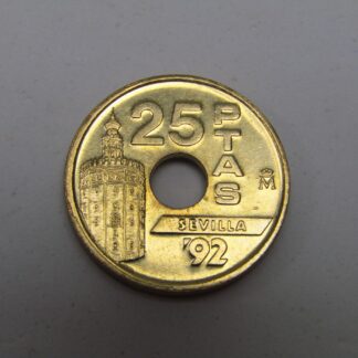 Moneda de 25 Pesetas de Bronce-Aluminio. Año 1992. Expo´92. Sevilla / Globo / Torre del Oro. MBC.