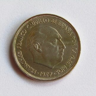 Moneda de 25 Pesetas de Níquel. Año 1957. Francisco Franco Caudillo de España por la G. de Dios. Madrid. *64. MBC.