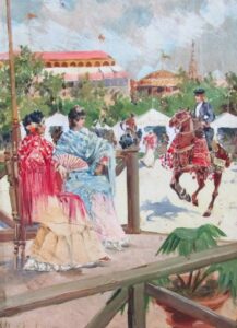 MARIANO OBIOLS DELGADO. (1860 -1911). Óleo sobre tabla. "Feria de Sevilla".