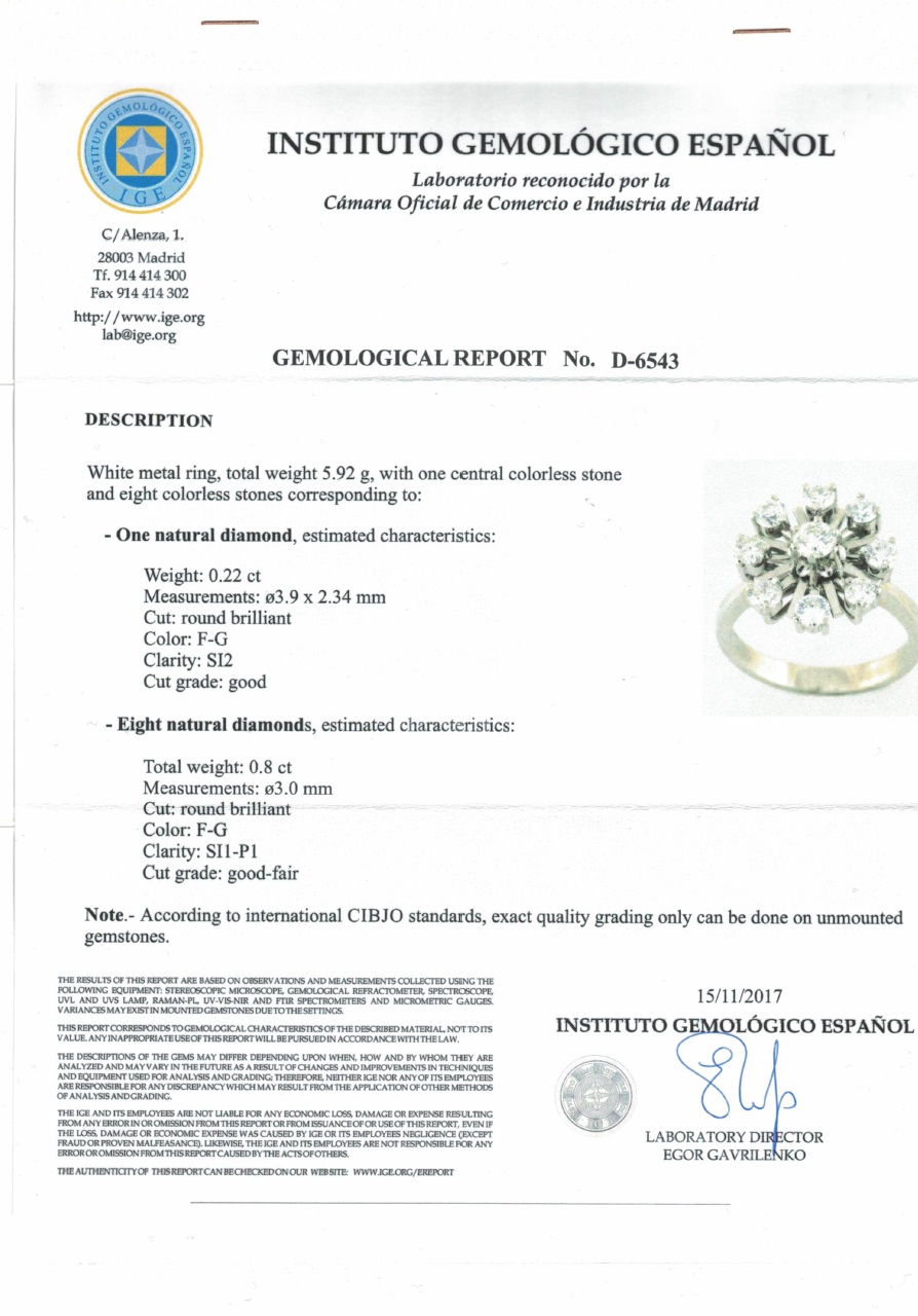Anillo Certificado de Oro 18k con Diamante Natural Central y Orla de ocho Diamantes, talla Brillante, de 1,02 ct. total (F-G/SI2-SI1-P1). Peso: 5,92 gr. Anillo Certificado de Oro 18k con Diamante Natural Central y Orla de ocho Diamantes, talla Brillante, de 1,02 ct. total (F-G/SI2-SI1-P1). Peso: 5,92 gr.