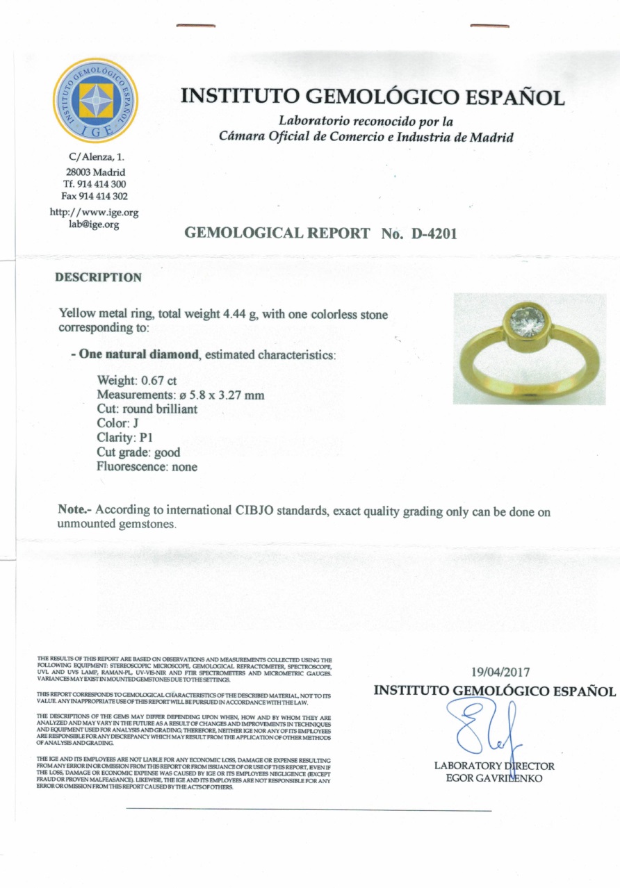 Anillo Certificado en Oro de 18k. con Diamante natural talla Brillante de 0,67 ct. (J/P1). Peso: 4,44 gr. Anillo Certificado en Oro de 18k. con Diamante natural talla Brillante de 0,67 ct. (J/P1). Peso: 4,44 gr.