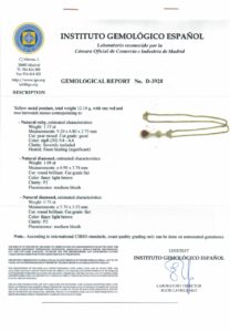 Gargantilla Certificada de Oro de 18k. con colgante. Rubí de 1,37 ct. Dos Diamantes talla Brillante, 1,08 ct y 0,70 ct.