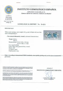 Pendientes Certificados en Oro de 18k. con Diamantes Naturales, talla Brillante de 0,68 ct. y 0,67 ct. (Fantasía Azul/SI2).