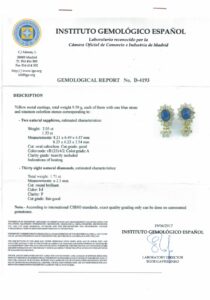 Pendientes Certificados en Oro de 18k. con Zafiros de 2,05 ct y 1,53 ct talla Oval Cabochon (VB/A) y 38 Diamantes talla Brillante de 1,71 ct (I-J/P).