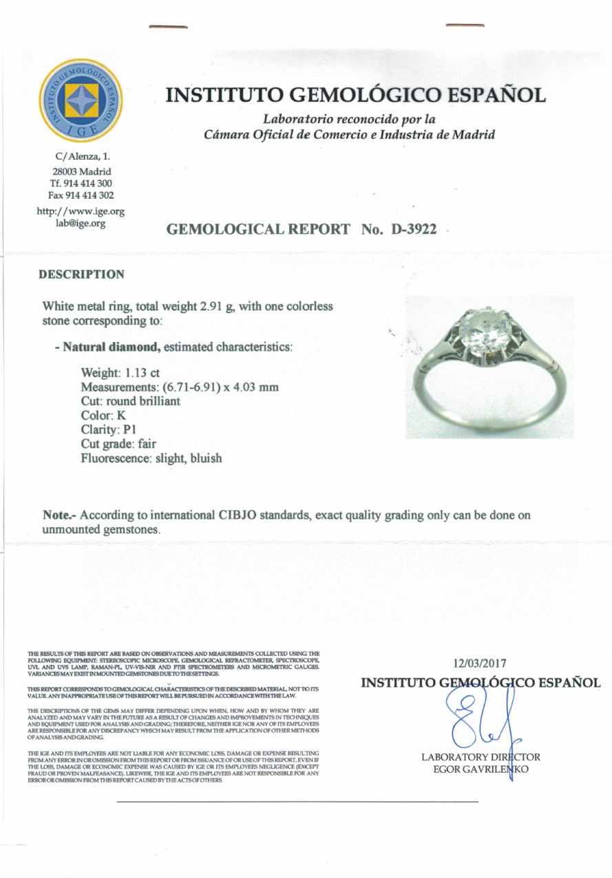 Solitario Certificado en Oro de 18k. Con Diamante Natural Talla Brillante de 1,13 ct. K/P1. 2,91 gr. Solitario Certificado en Oro de 18k. Con Diamante Natural Talla Brillante de 1,13 ct. K/P1. 2,91 gr.