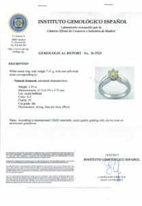 Solitario Certificado en Oro de 18k. con Diamante talla Brillante, de 1,23 ct. (S-Z/P2).