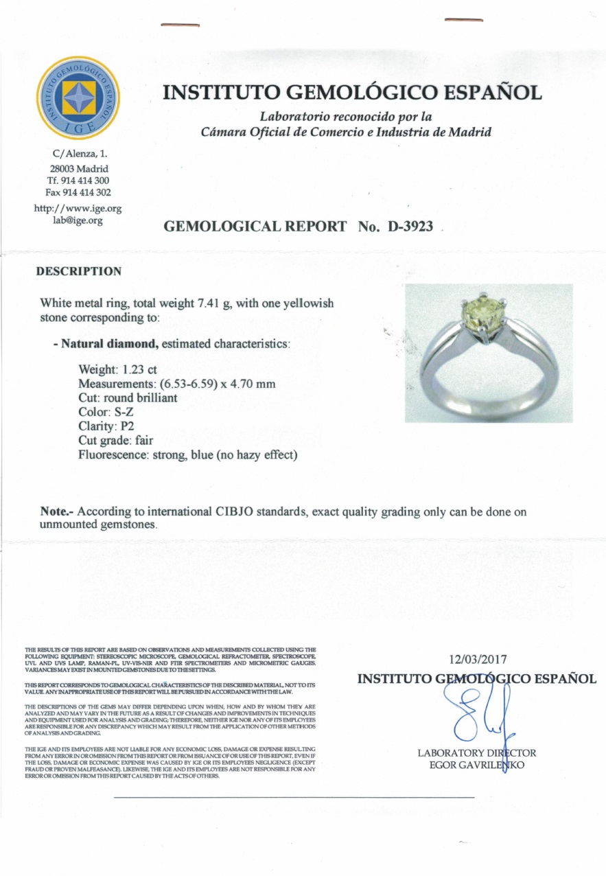 Solitario Certificado en Oro de 18k. con Diamante talla Brillante, de 1,23 ct. (S-Z/P2). Solitario Certificado en Oro de 18k. con Diamante talla Brillante, de 1,23 ct. (S-Z/P2).