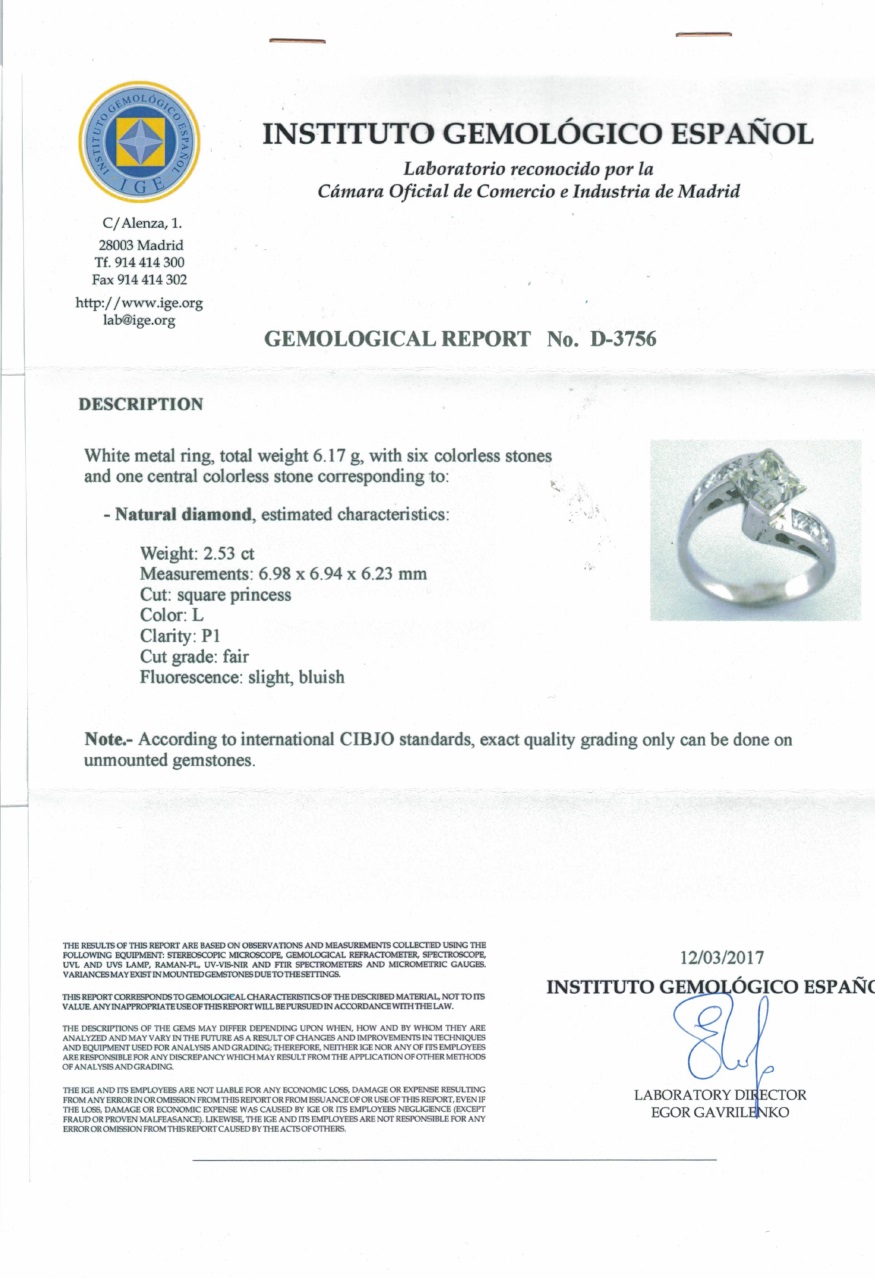 Sortija Certificada de Oro Blanco 18k con aro partido y DIAMANTE NATURAL Central talla Princesa 2,53 ct Sortija Certificada de Oro Blanco 18k con aro partido y DIAMANTE NATURAL Central talla Princesa 2,53 ct