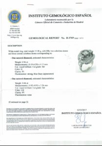 Sortija Certificada en Oro de 18k . 3 Diamantes talla Brillante, de 0,96 ct (G-P1), 0,46 ct. (J-K/P1), 0,40 (J-K/P2) y 52 Diamantes con 1,10 ct. (J-K/SI-P)