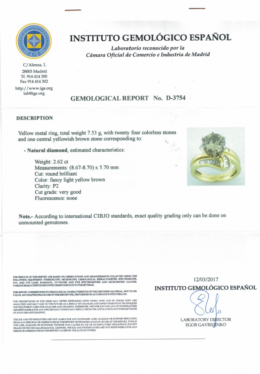 Sortija Certificada en Oro de 18k, con Diamante Central Talla Brillante de 2,62 ct. y 24 Diamantes talla Baguette de 1 ct. aprox. Sortija Certificada en Oro de 18k, con Diamante Central Talla Brillante de 2,62 ct. y 24 Diamantes talla Baguette de 1 ct. aprox.