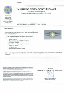 Sortija Certificada en Oro de 18k. con Diamante Natural, talla Brillante de 1,38 ct. (Fancy Dark Grey Yellow/P1).